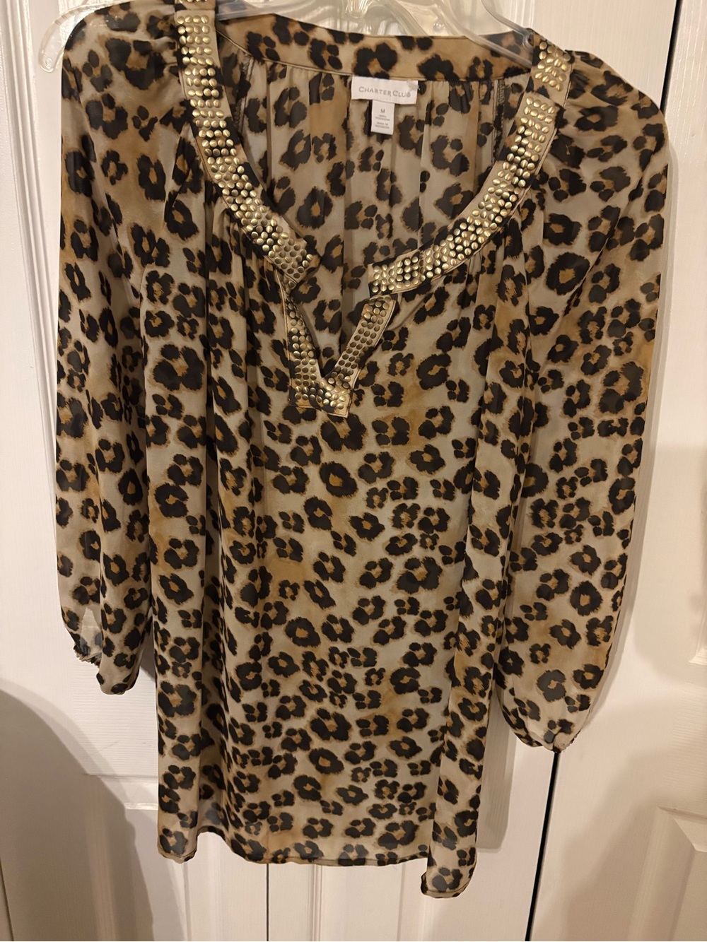 Charter Club Leopard Print Blouse with Gold Stud Trim